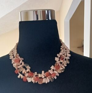 Coral and Peach Colored Shells And Stones With Faux Pearls necklace
